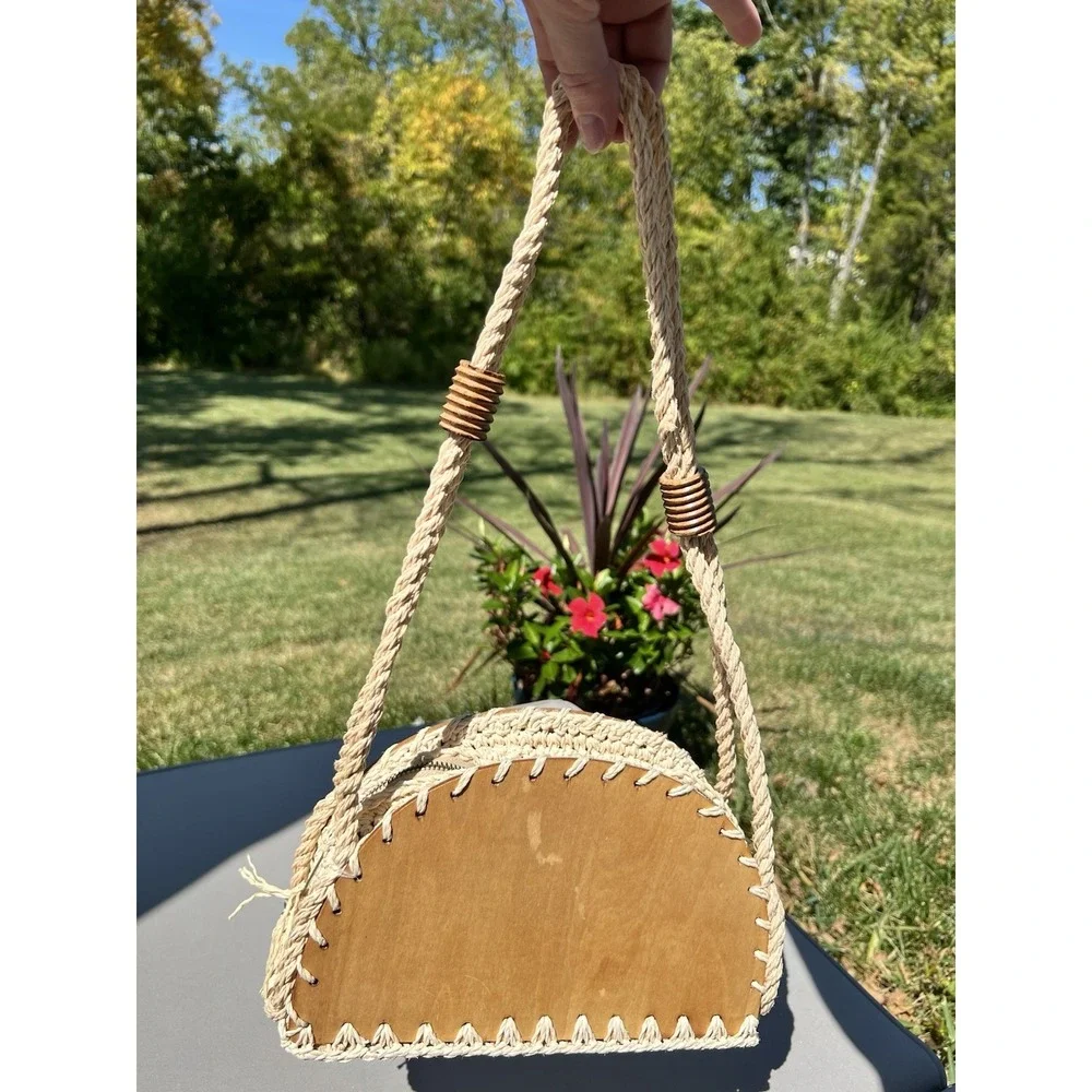 Vintage 60s Walborg Straw Rope Bag Shoulder‎ Bag Wooden Base Boho Cottagecore